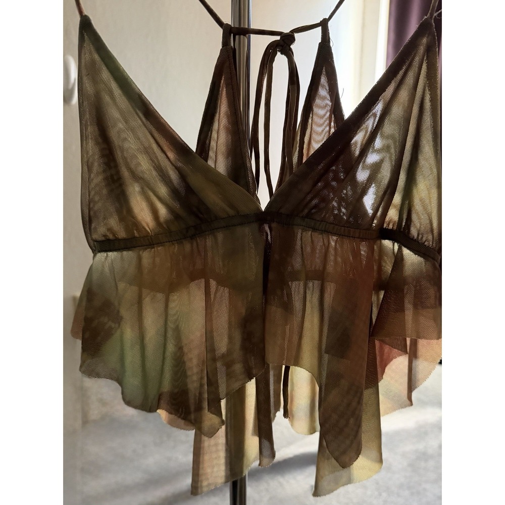 Urban Outfitters S/P Blurry Earth Tones Mesh Crop Top Forest Fairy Pointed Hem
